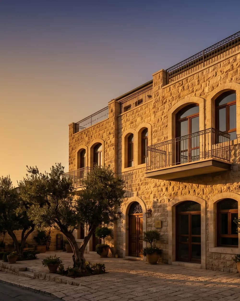 Jerusalem stone villa exterior at golden hour, photographed by Terra Firma Israel for foreign-buyer due diligence