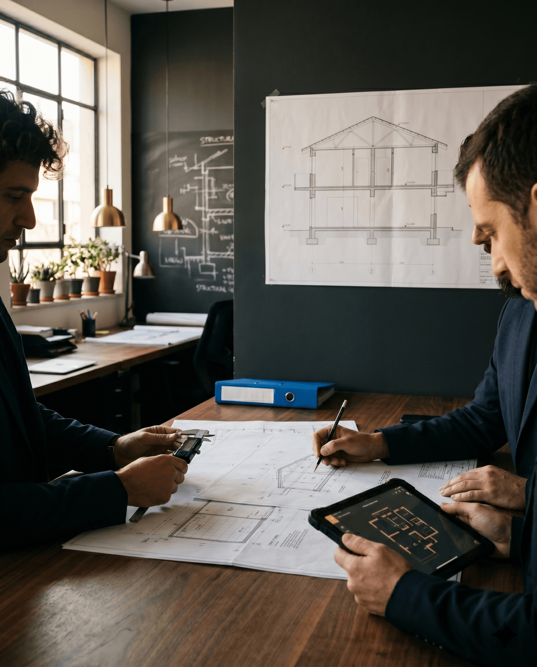 Registered Israeli building engineers reviewing structural detail on site